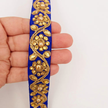 Royal Blue Silk Fabric Lace Trim Floral Embroidery & Indian Stones Kundan Embellishment, Decorative Sari Trim, Floral Border Trim By Yard